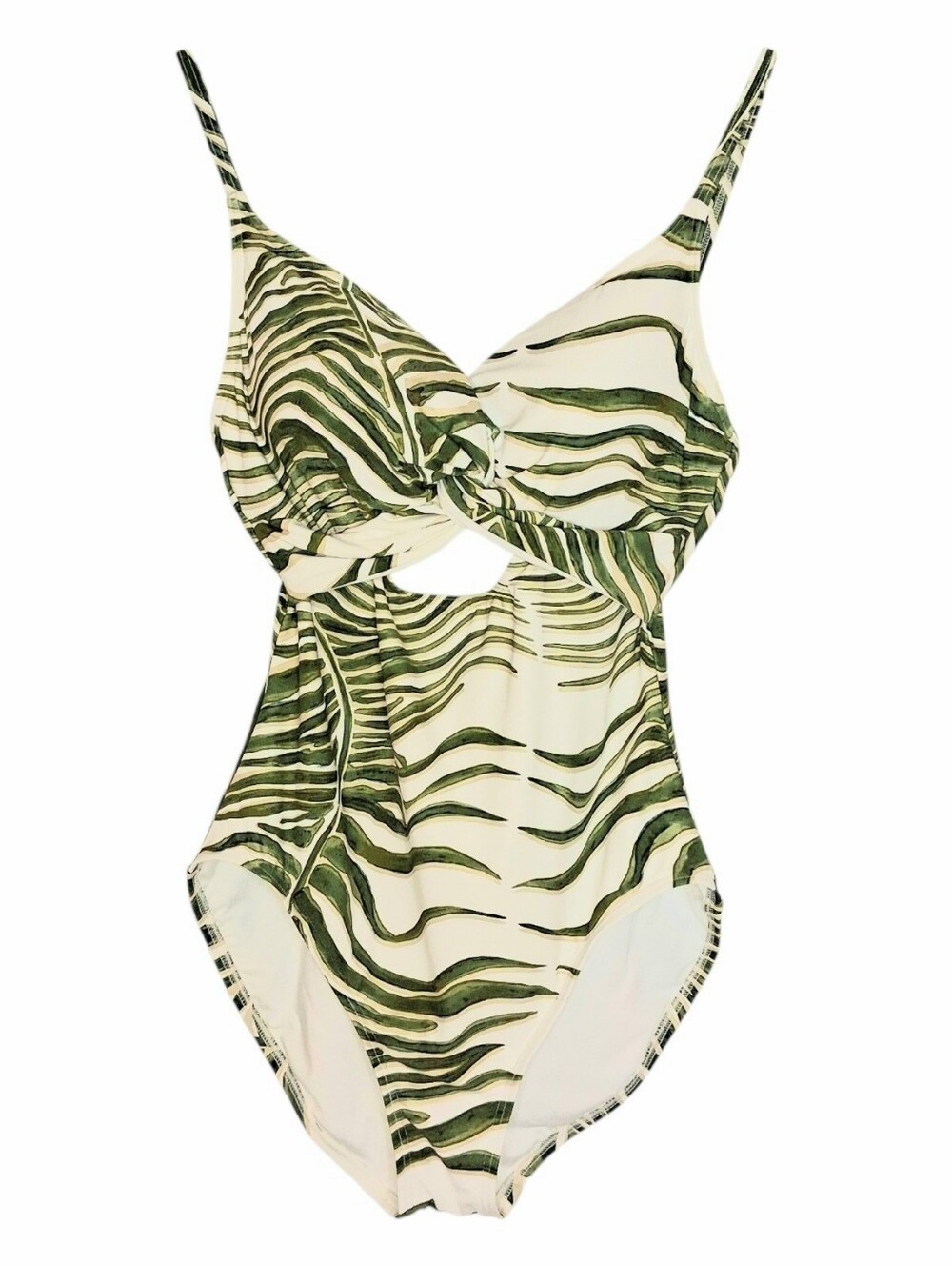 Soma Twist Front Keyhole One Piece Swimsuit Ivory Green Tropical Sz 12 LIKE NEW